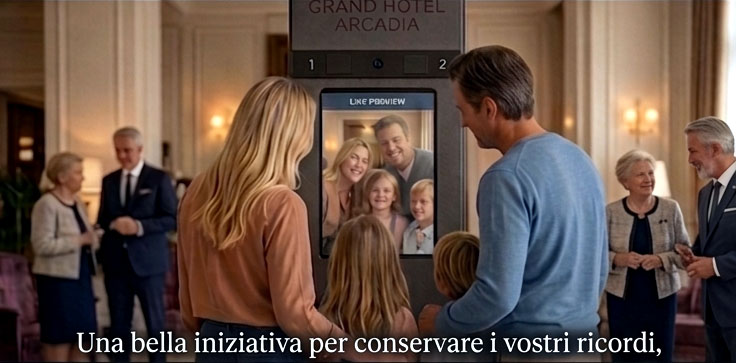 Gli ospiti sorridono e si mettono in posa davanti al totem