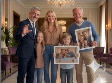 La famiglia felice mostra le foto insieme al direttore dell'hotel